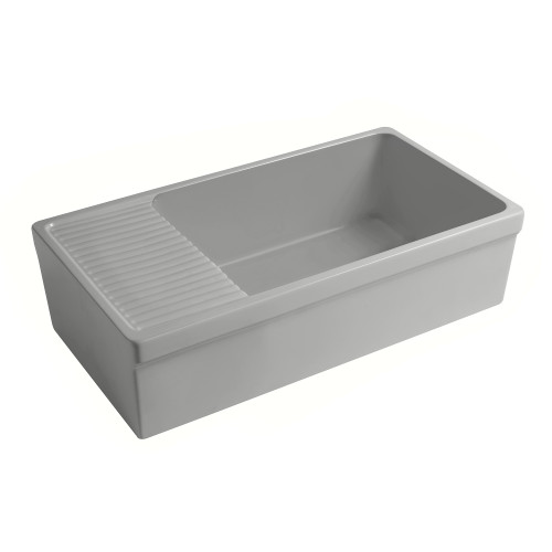 Whitehaus  WHQD540-M-LIGHTCEMENT Farmhaus Quatro Alcove Large Reversible Matte Fireclay Kitchen Sink with Integral Drainboard and a Decorative 2 ½" Lip Front Apron on Both Sides - Matte Light Cement