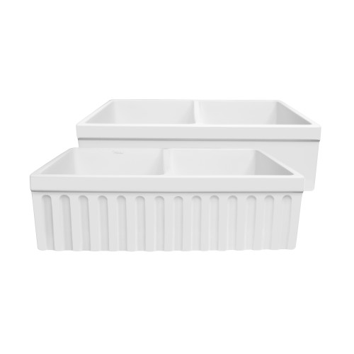 Whitehaus WHQDB332-M-WHITE Farmhaus Quatro Alcove Reversible Matte Double Bowl Fireclay Kitchen Sink with Fluted 2" Lip Front Apron on one Side and a 2 ½" Lip Plain on the Opposite Side - Matte White - 33 inch