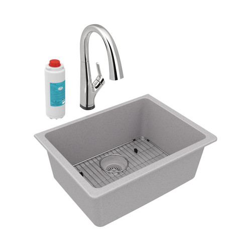 Elkay Quartz Classic 24-5/8" x 18-1/2" x 9-1/2", Single Bowl Undermount Sink Kit with Filtered Faucet, Greystone - ELGU2522GS0FLC