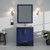 Lexora Jacques 30 in. W Navy Blue Bath Vanity Cabinet, White Quartz Top, and 28 in. Mirror