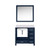 Lexora Jacques 36 Inch Navy Blue Single Vanity Cabinet, White Carrara Marble Top, White Square Sink and 34 Inch Mirror - Left Version