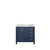 Lexora Jacques 36 Inch Navy Blue Single Vanity Cabinet, White Carrara Marble Top, White Square Sink and no Mirror - Left Version