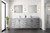 Lexora Jacques 84 Inch Distressed Grey Double Vanity Cabinet, White Carrara Marble Top, White Square Sinks and 34 Inch Mirrors