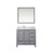 Lexora Jacques 36" Distressed Grey Single Vanity Cabinet, White Carrara Marble Top, White Square Sink and 34" Mirror w/ Faucet - Left Version