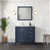 Lexora Jacques 36" Navy Blue Single Vanity Cabinet, White Carrara Marble Top, White Square Sink and 34" Mirror w/ Faucet - Left Version