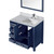 Lexora Jacques 36" Navy Blue Single Vanity Cabinet, White Carrara Marble Top, White Square Sink and 34" Mirror w/ Faucet - Right Version