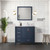 Lexora Jacques 36" Navy Blue Single Vanity Cabinet, White Carrara Marble Top, White Square Sink and 34" Mirror w/ Faucet - Right Version