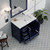 Lexora Jacques 36" Navy Blue Single Vanity Cabinet, White Carrara Marble Top, White Square Sink and 34" Mirror w/ Faucet - Right Version