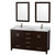 Wyndham WCS141460DESCMUNSM24 Sheffield 60 Inch Double Bathroom Vanity in Espresso, White Carrara Marble Countertop, Undermount Square Sinks, and 24 Inch Mirrors