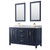 Wyndham WCV252560DBLCMUNSM24 Daria 60 Inch Double Bathroom Vanity in Dark Blue, White Carrara Marble Countertop, Undermount Square Sinks, 24 Inch Mirrors