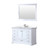 Lexora Dukes 48" White Single Vanity Cabinet, White Quartz Top, White Square Sink and 46" Mirror w/ Faucet