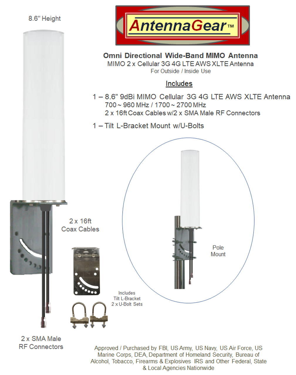 M19 Accelerated 6335-MX M19 Omni Directional MIMO Cellular 4G 5G LTE AWS XLTE M2M IoT Antenna w/2 x 16ft Coax Cables - 2 x SMA Male