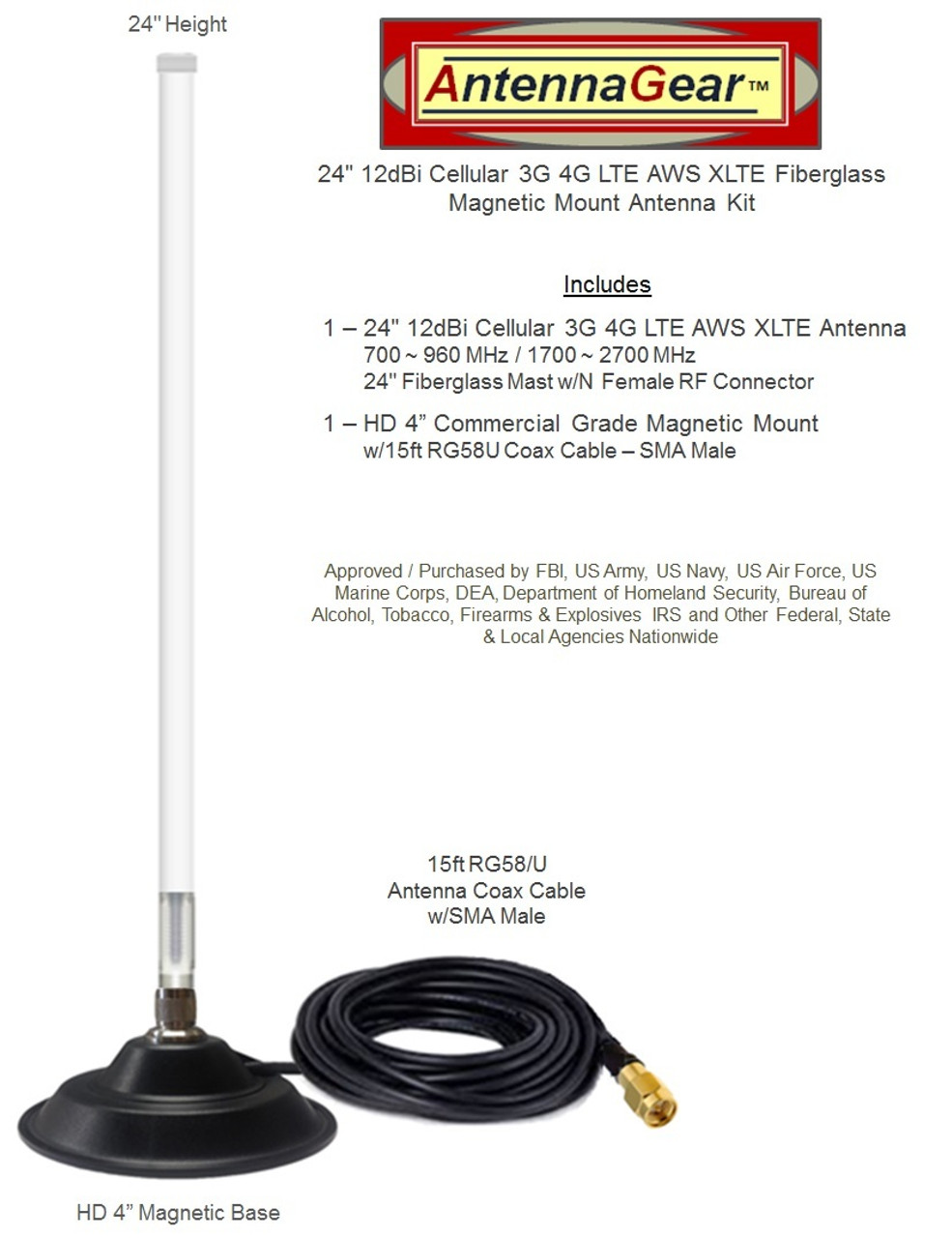 12dBi Accelerated 6300-CX Router Fiberglass Antenna Cellular  4G 5G LTE AWS XLTE M2M IoT with Mag Mount