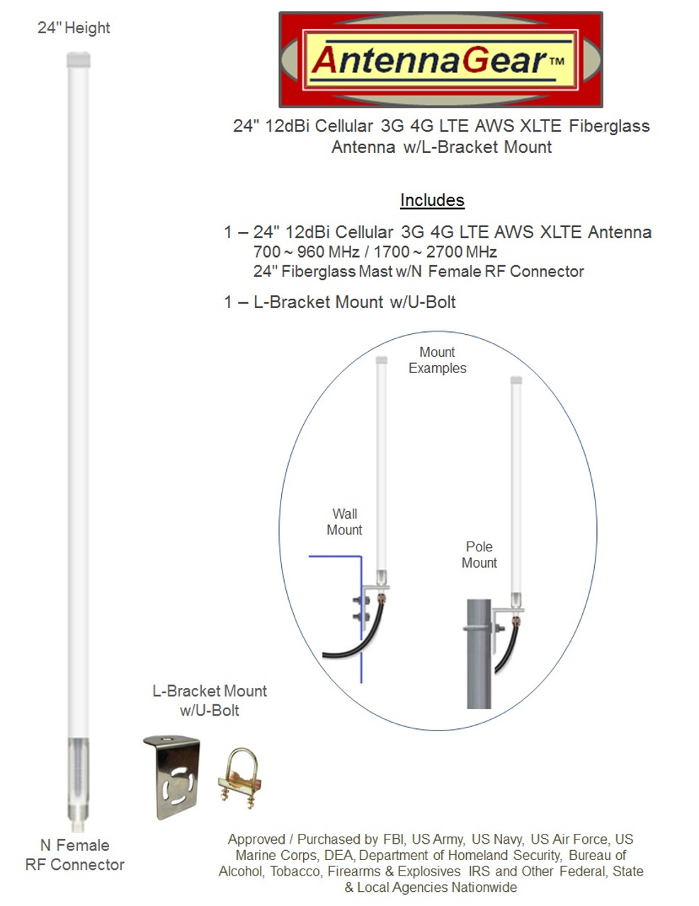 12dBi Sierra Wireless MG90 Router Omni Directional Fiberglass 4G LTE XLTE Antenna Kit w/ Cable Length Options