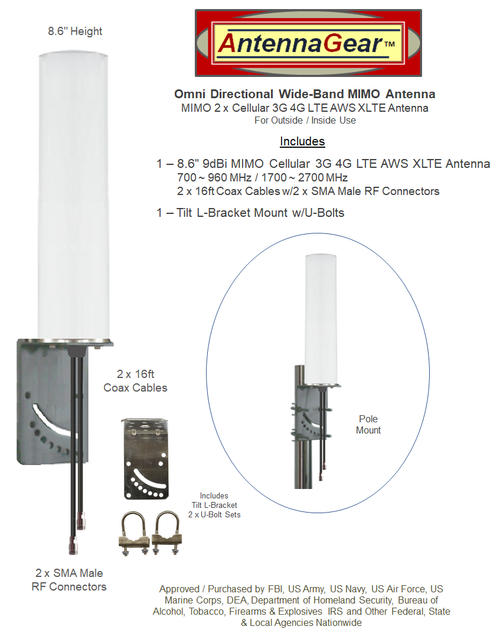M19 Sierra Wireless FX30 Gateway M19 Omni Directional MIMO Cellular 4G LTE AWS XLTE M2M IoT Antenna w/16ft Coax Cables -2  x SMA