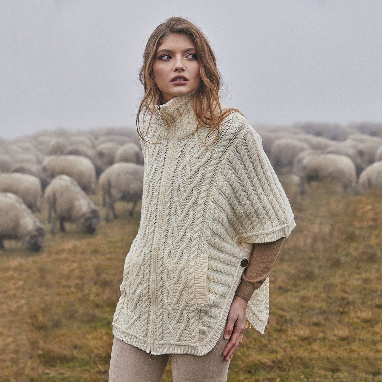 Irish Aran Cable Knit Wool Poncho - Adult