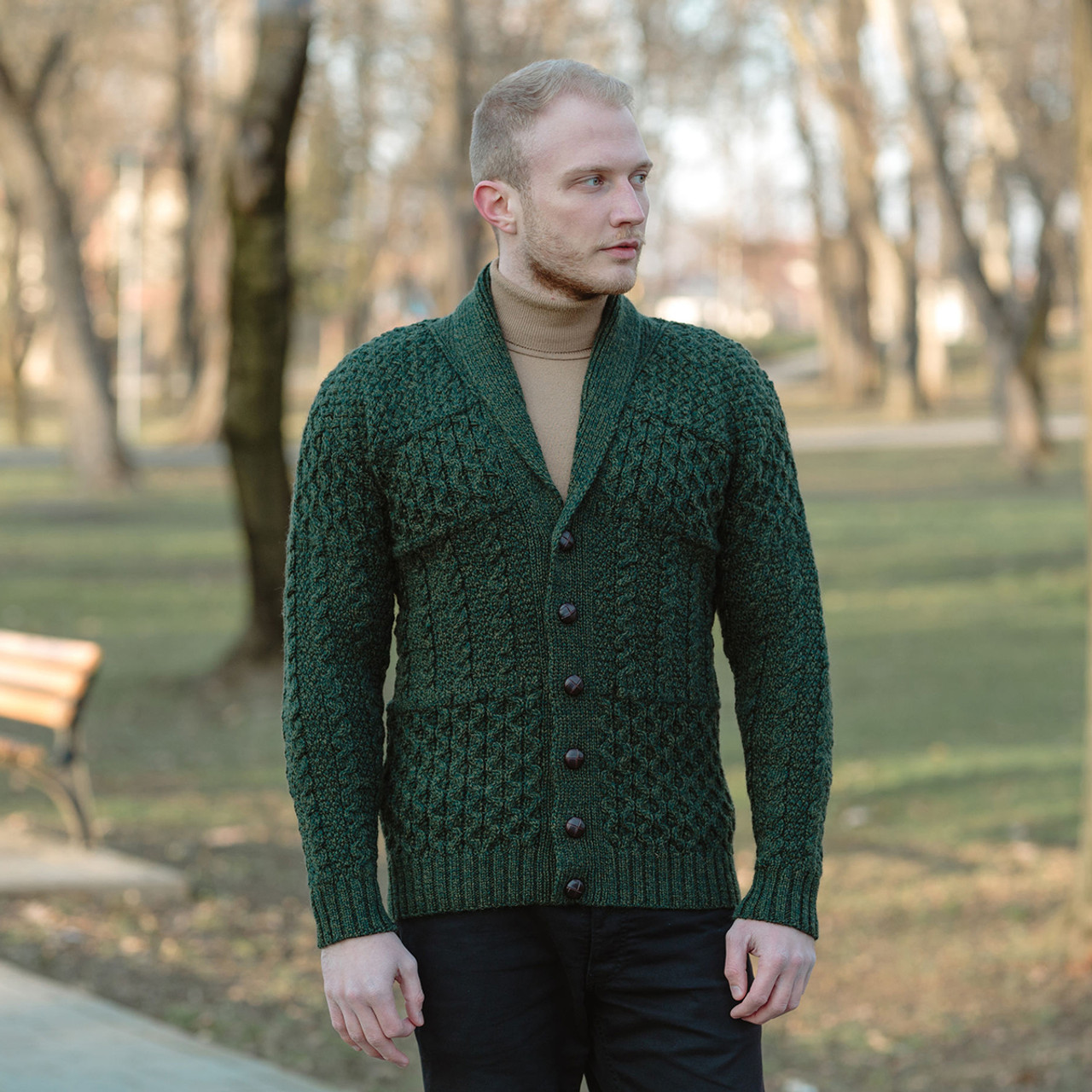 Mens Cable Shawl-Collar Cardigan