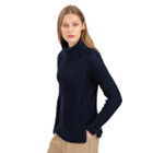 Ladies Turtleneck Ribbed Cable Knit Sweater Navy Side View DublinGiftCompany.com