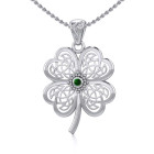 Lucky Celtic Four Leaf Clover Silver Pendant with Emerald