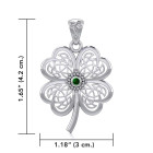 Lucky Celtic Four Leaf Clover Silver Pendant with Emerald
