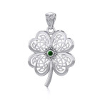 Lucky Celtic Four Leaf Clover Silver Pendant with Emerald