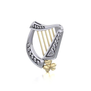 Silver & 14K Gold Irish Harp Pendant with Shamrock Motif