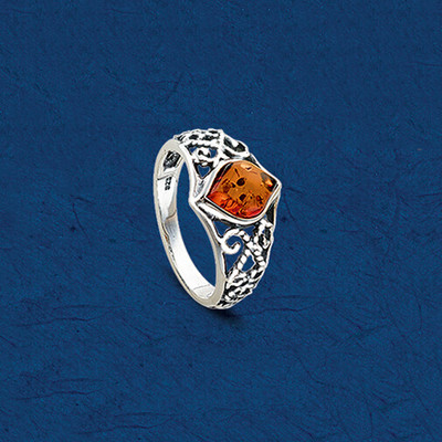 Sterling Silver Filigree Amber Ring