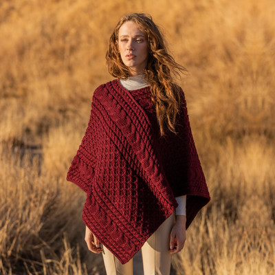 Ladies Irish Aran Cable Knit Poncho Wine Front View