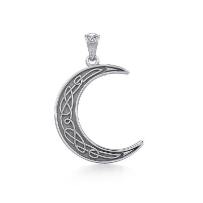 Crescent Moon Silver Pendant with Celtic Knot Engraving