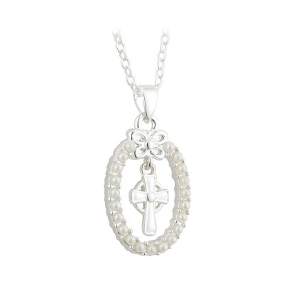 Silver Plated Pearl Oval Cross Pendant - Communion Gift