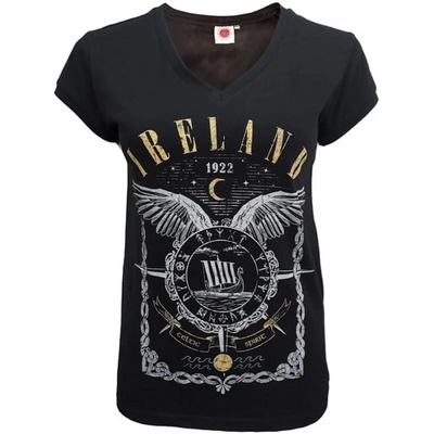 Black Ireland Wings V-Neck Ladies T-Shirt