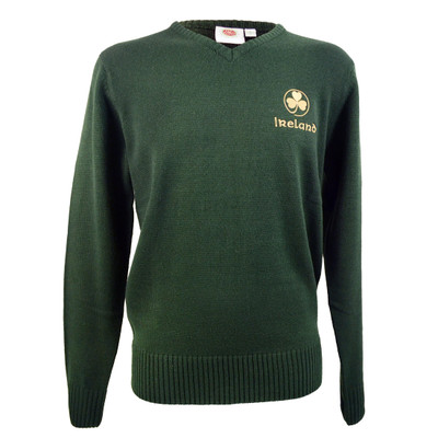 Bottle Green Ireland V-Neck Sweater with Gold Embroidery