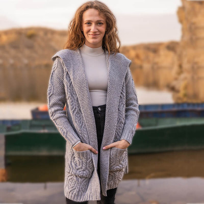 Ladies Classic Fit Long Cardigan with Hood ML116 Grey DublinGiftCompany.com