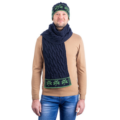Three Shamrock Merino Wool Scarf Navy DublinGiftCompany.com