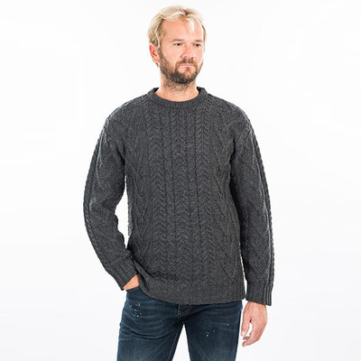 Mens Traditional Aran Crew Neck Sweater Charcoal Front View DublinGiftCompany.com