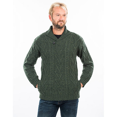 Mens Shawl Collar Single Button Sweater Army Green Front View DublinGiftCompany.com