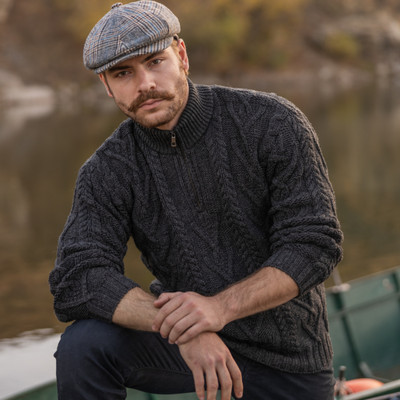 Mens Zip Neck Fisherman Sweater MM204 Charcoal Front View DublinGiftCompany.com