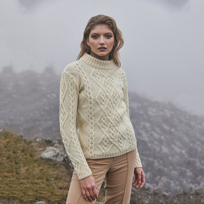 Ladies Aran Cable Knit Sweater ML905 Natural White SAOL Knitwear Side View Dublin Gift Shop