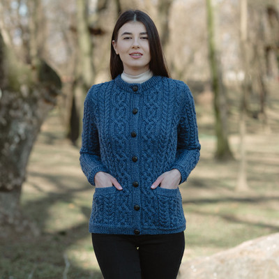 Ladies Aran Button Cardigan ML115 Marl Blue Dublin Gift Shop Front View
