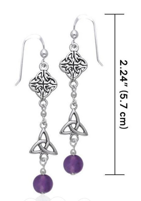 Silver Celtic Knot Drop Earrings with Amethyst Bead