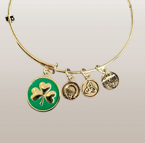 Gold Tone Enamel Shamrock Charm Bangle