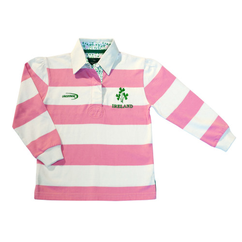 Pink & White Striped Ireland Kids Rugby Shirt with Shamrocks