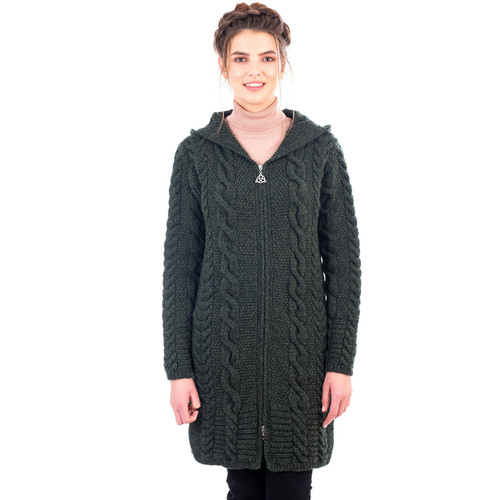 Cable Knit Hoodie with Celtic Knot Zipper Pull