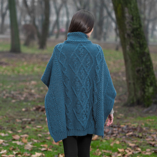 Irish Aran Cable Knit Wool Poncho - Adult