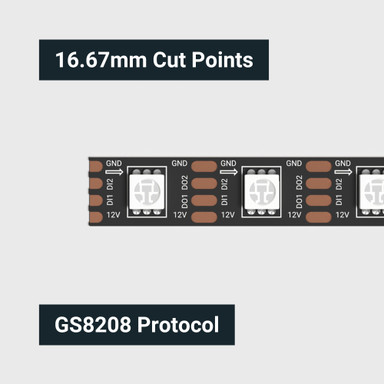 Tagra | Pixel LED Strip Light | 60 LEDs p/m | 60 pixels p/m | 12V | IP20 | 12W/m | RGB | 5 & 20M Reel - TD12-RGB-60-StripLight-CUT.jpg