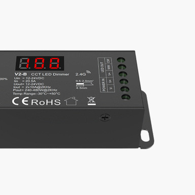 Tagra | RF 2.4GHz | 12-24V | In Line | LED Dimmer | 2 Channel | 10A | 
CCT Tunable White - 2CH10ADIM_RIGHT.jpg