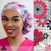 Green Scrubs - Bouffant Scrub Hat - Floral Grid Pink