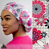 Green Scrubs - Bouffant Surgical Cap - Floral Grid Pink