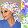 Green Scrubs - Tie Bonnet Hat - Spring Flowers