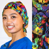 Green Scrubs - Modern Fit Super Tie Hat with Buttons - Paint Splatter Cats